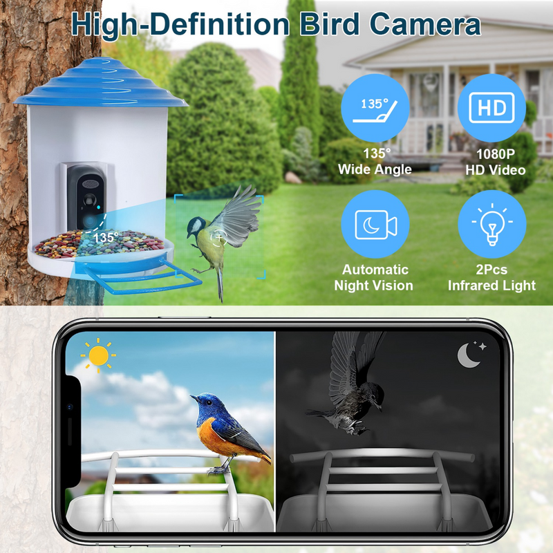 Smart Bird Feeder with Solar Powered Camera 1080P HD AI Identify PIR Motion Auto Capture Video Cloud Card Storage WiFi Connection App Control IP65 Wat, photo 4 of 14
