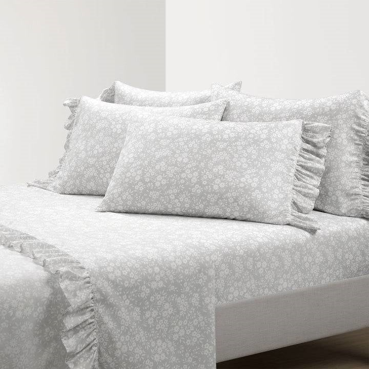 Queen size Grey Ruffle Floral Polyester 6 Piece Sheet Set, photo 2 of 5