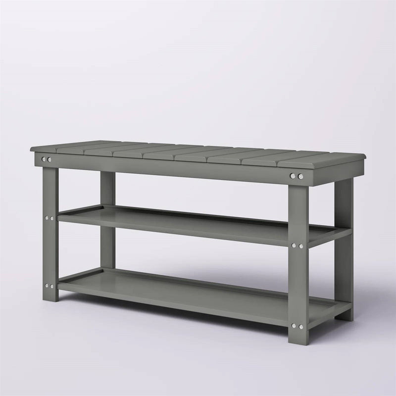 Grey Wood 2-Shelf Shoe Rack Storage Bench For Entryway or Closet, photo 2 of 5