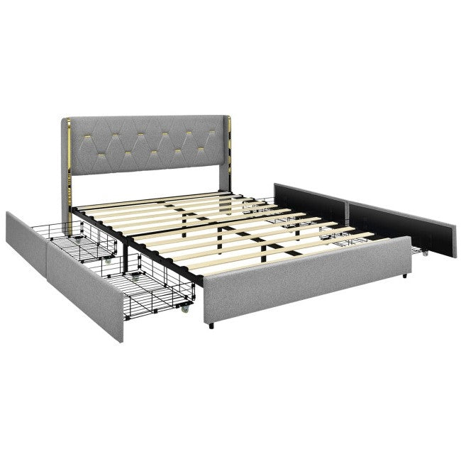 Full Size Grey/Gold Linen Headboard 4 Drawer Storage Platform Bed, photo 2 of 5