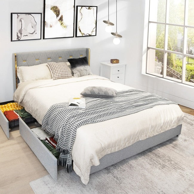 Full Size Grey/Gold Linen Headboard 4 Drawer Storage Platform Bed, photo 3 of 5