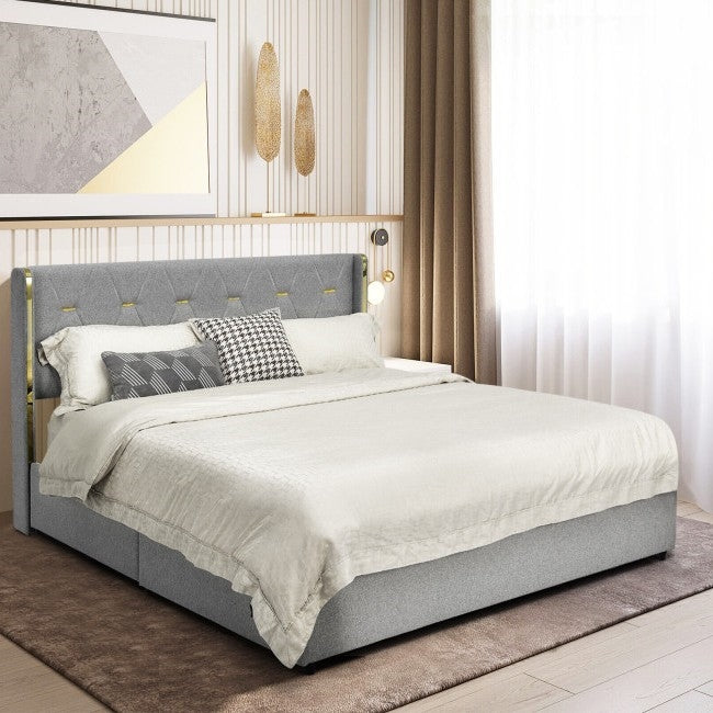 Full Size Grey/Gold Linen Headboard 4 Drawer Storage Platform Bed, photo 4 of 5