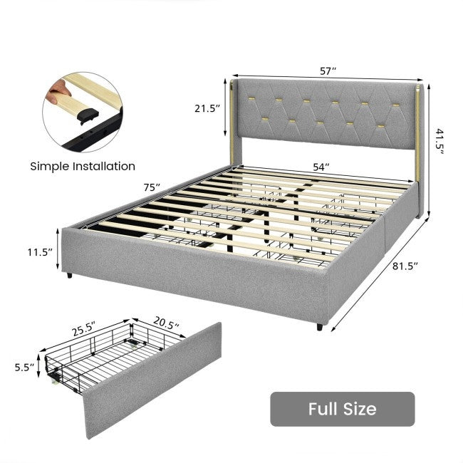 Full Size Grey/Gold Linen Headboard 4 Drawer Storage Platform Bed, photo 5 of 5
