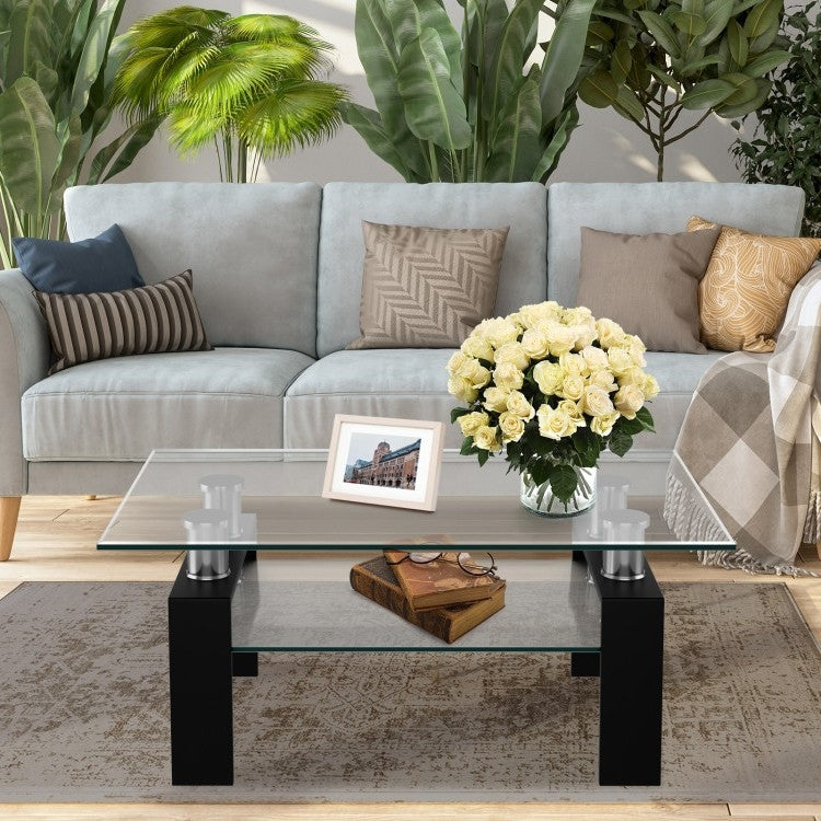 Modern 2 Tier Glass Coffee Table with Black Metal Legs, photo 3 of 5