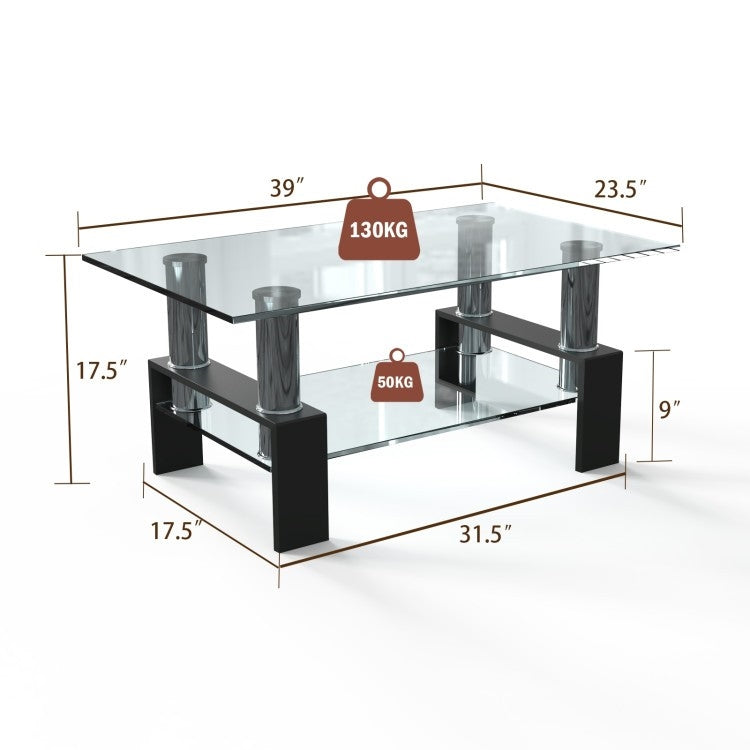 Modern 2 Tier Glass Coffee Table with Black Metal Legs, photo 5 of 5