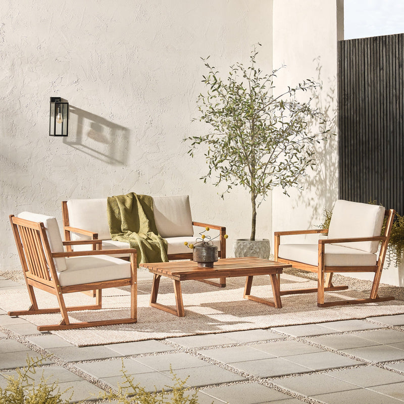 Prenton 4-Piece Modern Acacia Outdoor Slatted Chat Set with Coffee Table