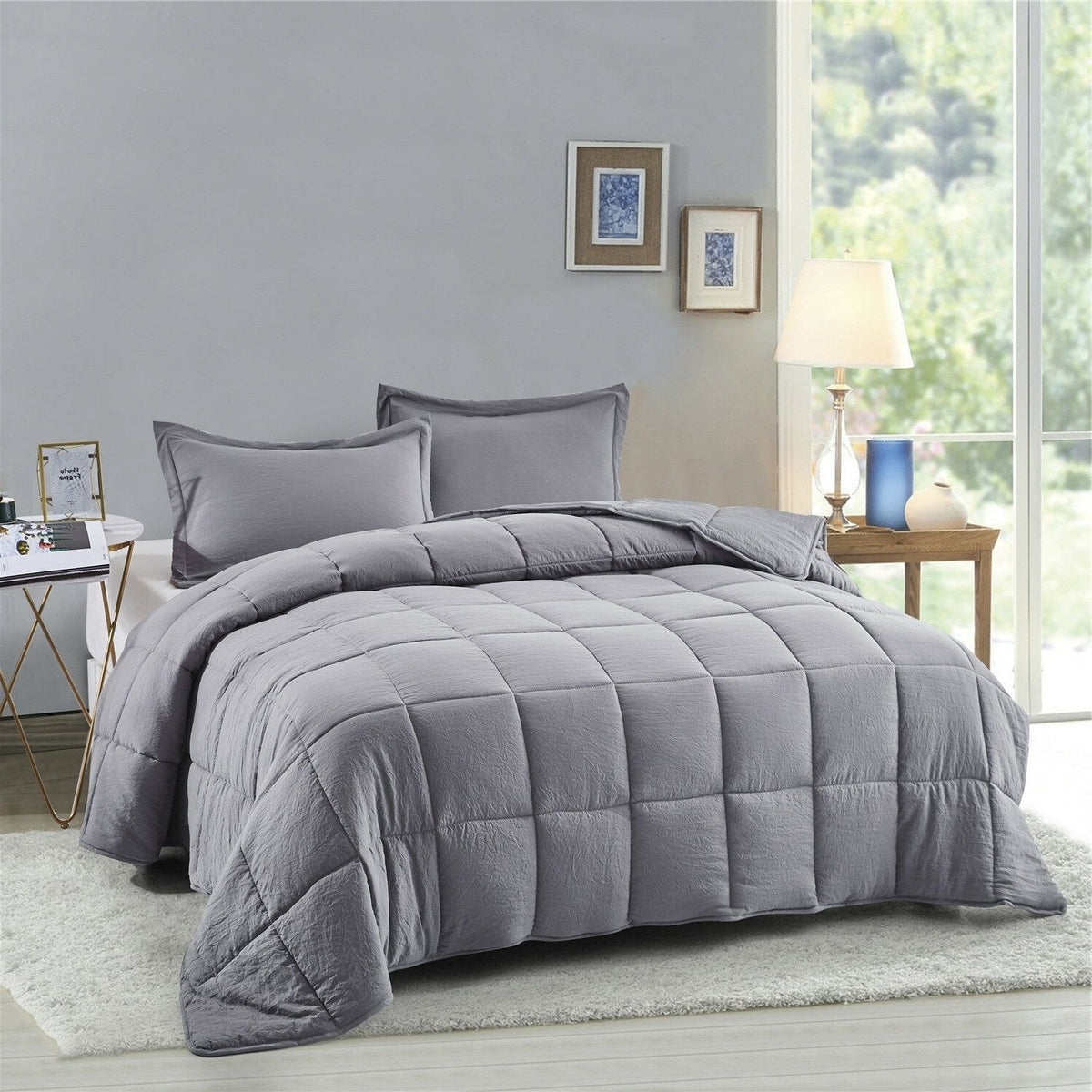 Queen Size Grey 3 Piece Microfiber Reversible Comforter Set, photo 2 of 5