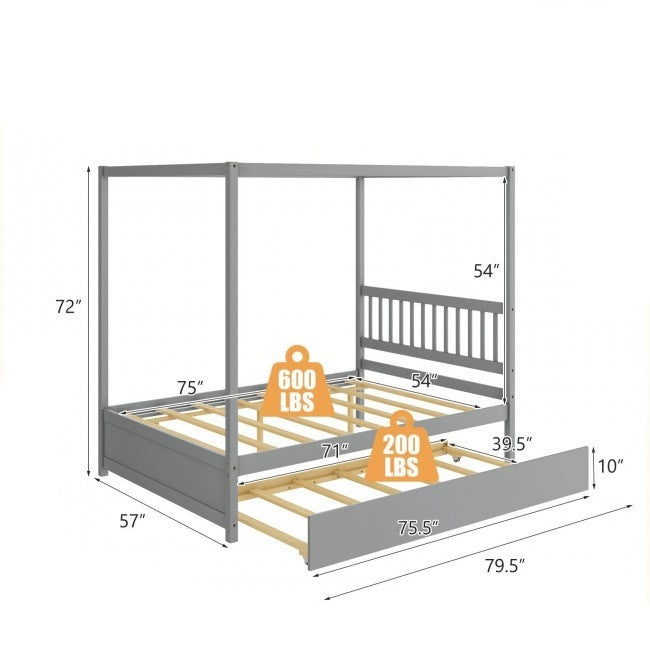 Gray Full Size Canopy Platform Bed with Twin Roller Trundle Bed, photo 3 of 4