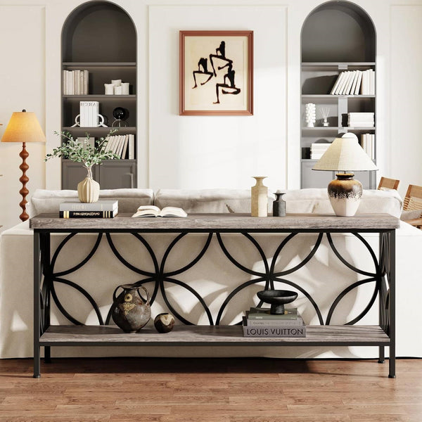 Modern 70-inch Long Narrow Foyer Entryway Table with Grey Wood Top and Shelf, photo 2 of 5