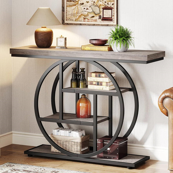 Modern 41-inch Wide Narrow Entryway Console Table with Grey Wood Finish Shelves, photo 2 of 5