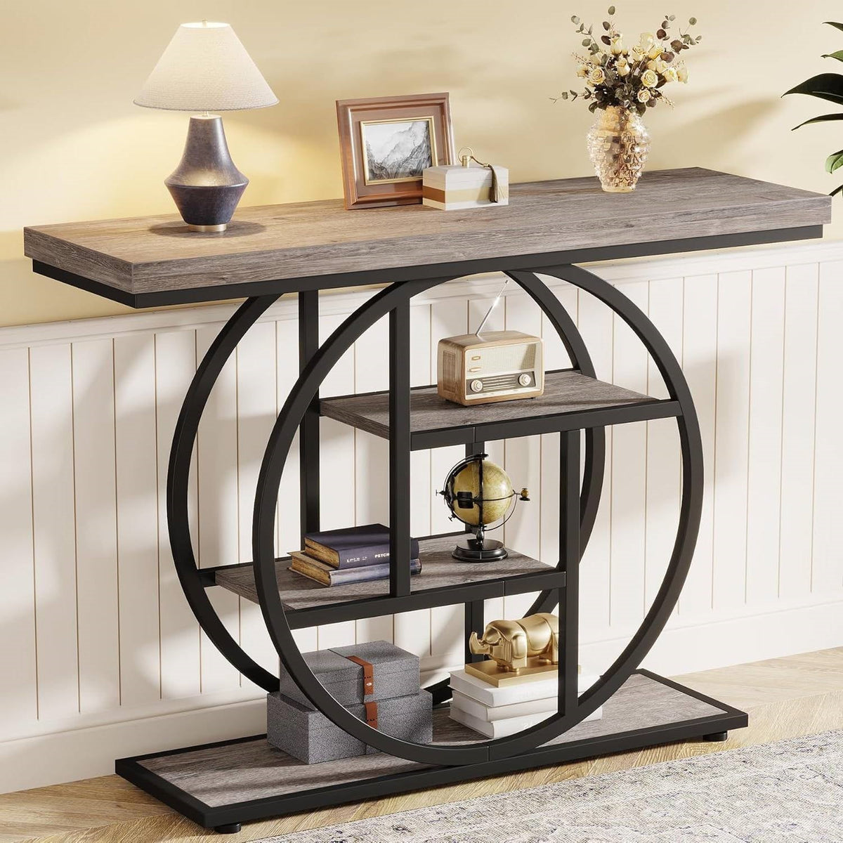 Modern 41-inch Wide Narrow Entryway Console Table with Grey Wood Finish Shelves, photo 4 of 5
