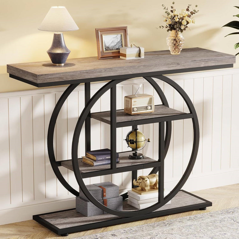 Modern 41-inch Wide Narrow Entryway Console Table with Grey Wood Finish Shelves, photo 4 of 5