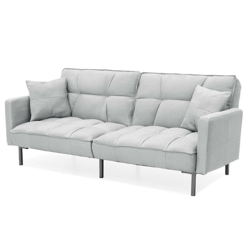 Plush Gray Split-Back Design Convertible Linen Tufted Futon w/ 2 Pillows, photo 3 of 5