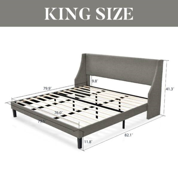 King Size Upholstered Linen Blend Headboard Wingback Platform Bed in Grey, photo 5 of 5