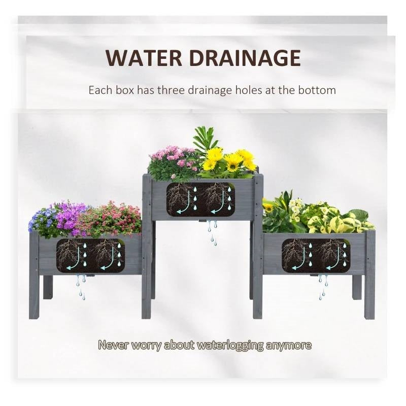 3 Grey Wood Elevated Planter Set Vegetable Herb Flowers Raised Garden Beds, photo 3 of 5