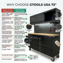 72 inch Rolling Tool Chest with Light & Power Strips, Workbench, Upper Cabinets & Pegboard