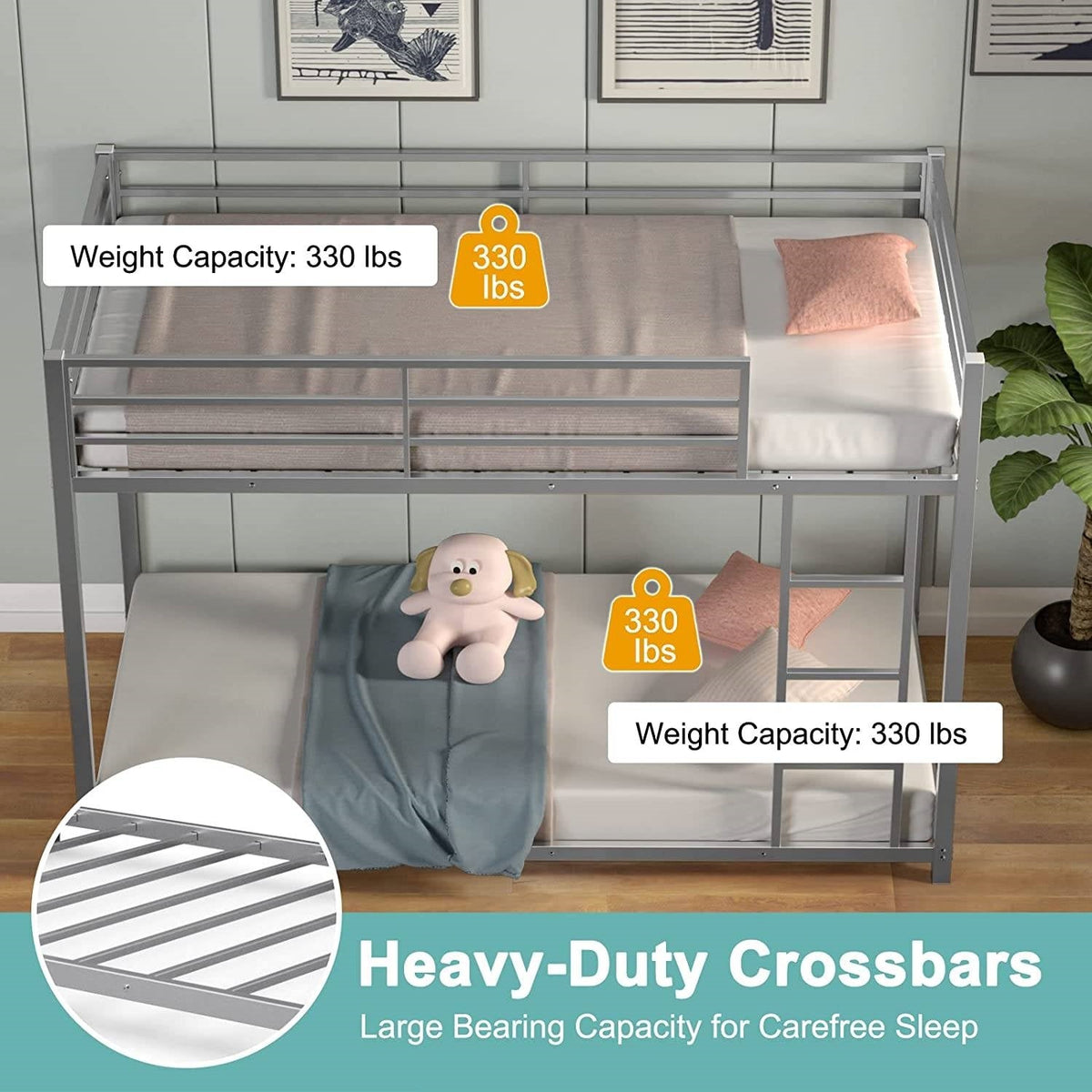 Twin over Twin Low Profile Modern Bunk Bed in Silver Metal Finish, photo 3 of 5