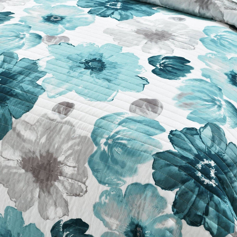 King size Blue Grey Flowers Lightweight Polyester Microfiber Quilt Set, photo 4 of 5