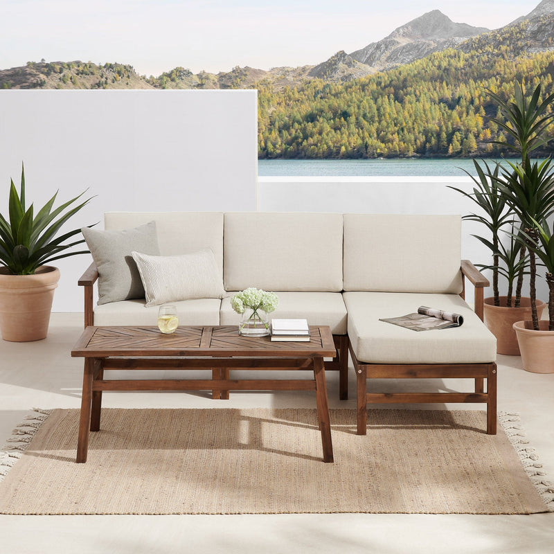 4-Piece Modern Chevron Acacia Outdoor Chaise Sectional with Coffee Table