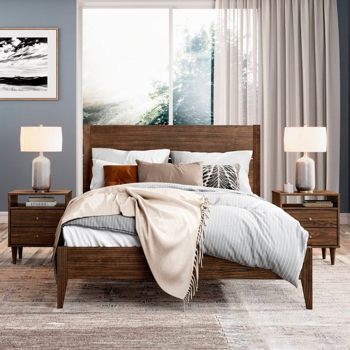 Queen Size Rustic Walnut Mid Century Slatted Platform Bed, photo 5 of 5