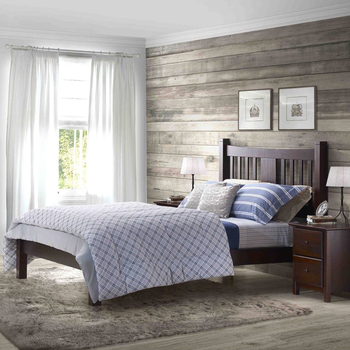 King Farmhouse Style Solid Wood Platform Bed Frame with Headboard in Cherry, photo 3 of 5