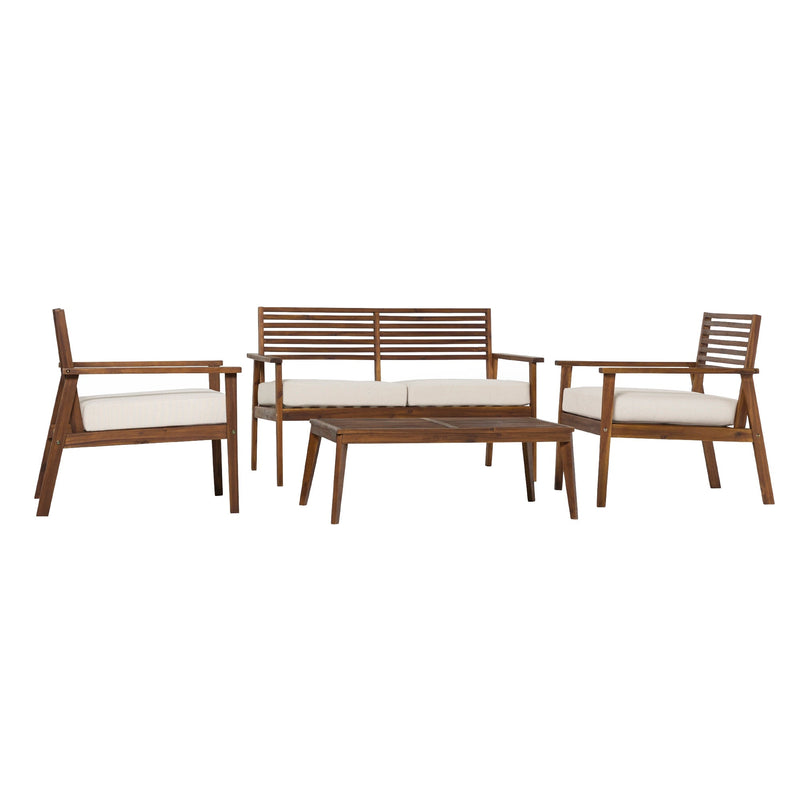 Zander 4-Piece Mid-Century Modern Acacia Outdoor Slat-Back Chat Set with Coffee Table