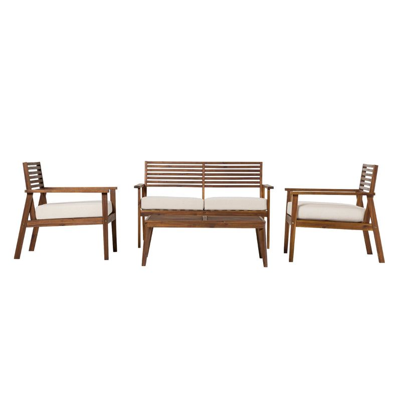 Zander 4-Piece Mid-Century Modern Acacia Outdoor Slat-Back Chat Set with Coffee Table