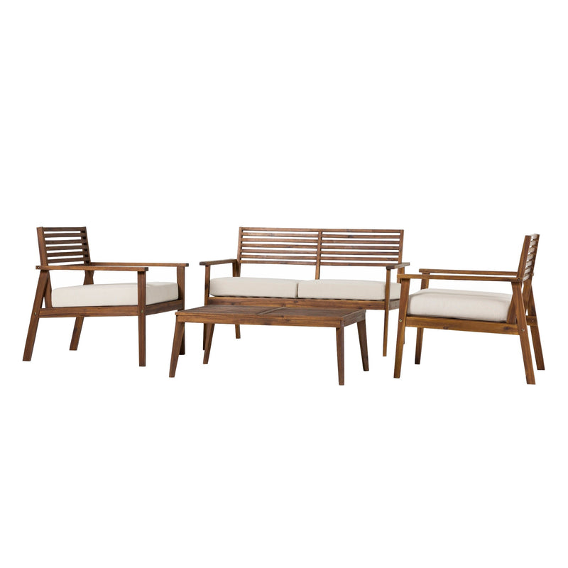 Zander 4-Piece Mid-Century Modern Acacia Outdoor Slat-Back Chat Set with Coffee Table