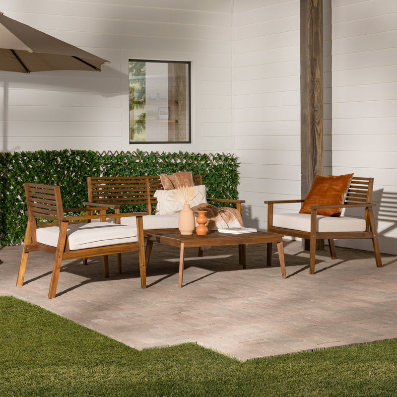 Zander 4-Piece Mid-Century Modern Acacia Outdoor Slat-Back Chat Set with Coffee Table