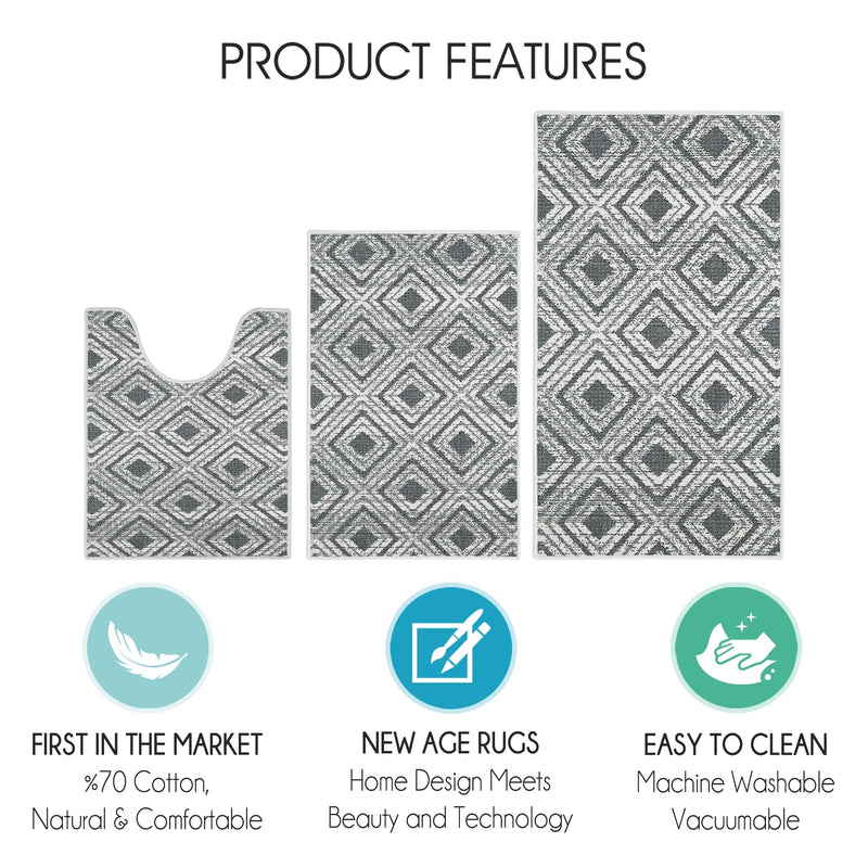 Geometric Design 3 Piece Bathroom Rugs Set |Gray