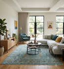 Hand Knotted Turkish Wool Area Rug in Teal and Beige with Traditional Tree of Life
