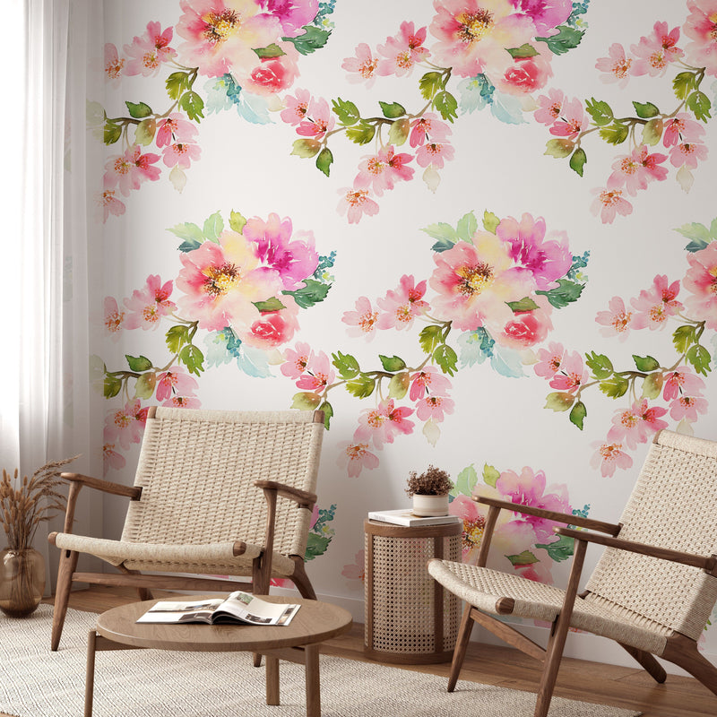 Delicate watercolor spring flowers wallpaper mural