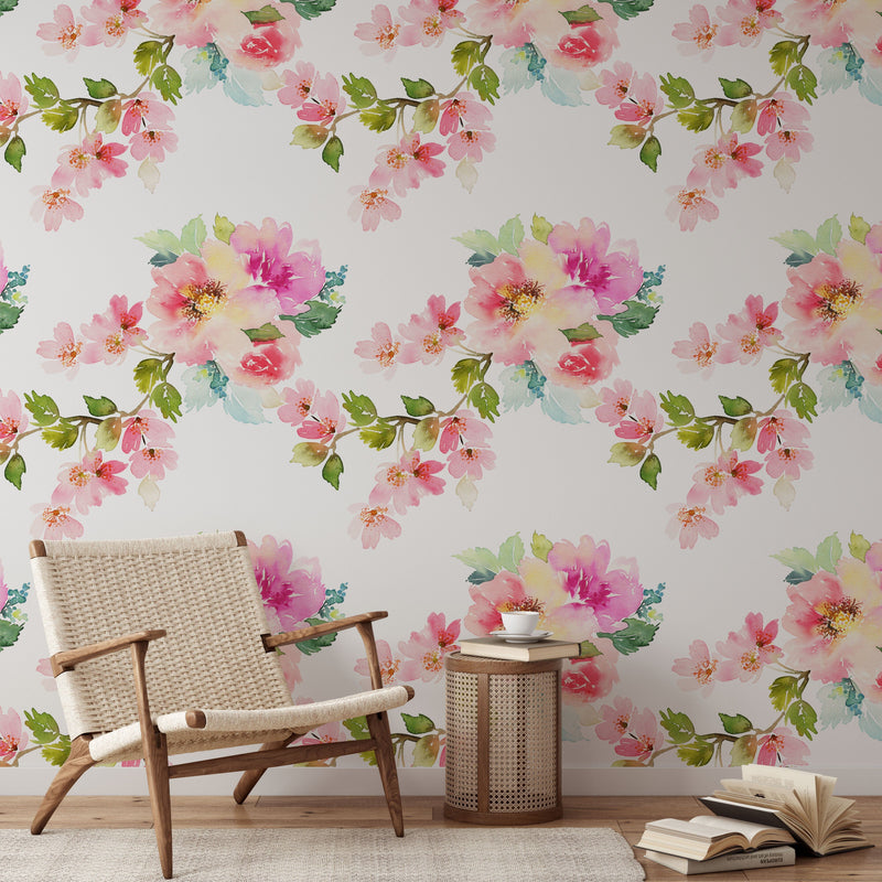 Delicate watercolor spring flowers wallpaper mural