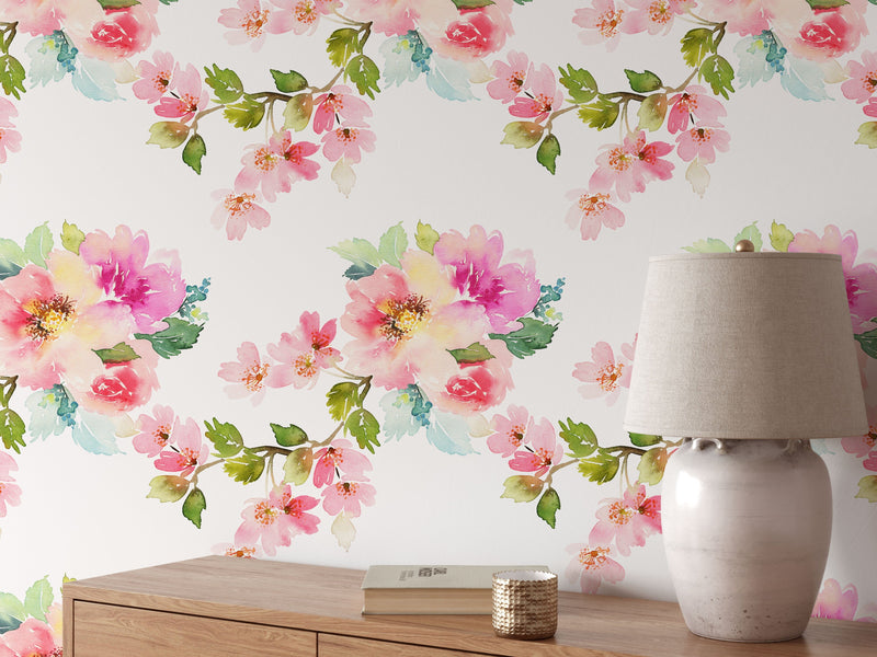 Delicate watercolor spring flowers wallpaper mural