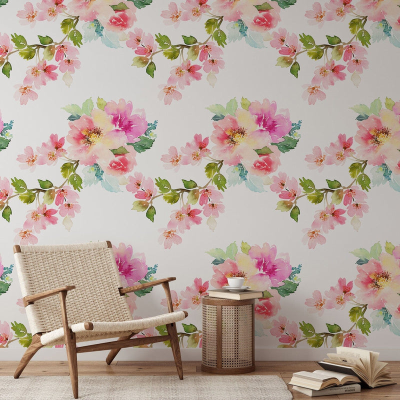 Delicate watercolor spring flowers wallpaper mural