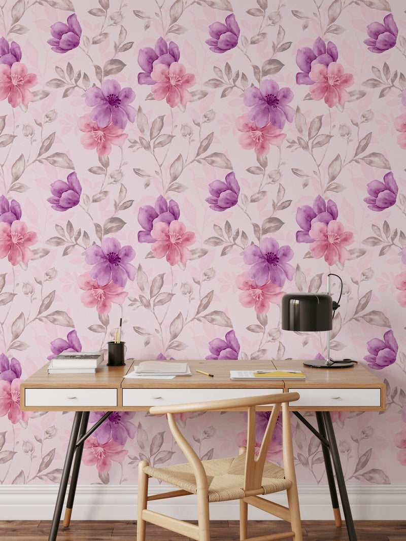 Watercolor aquarelle pink and purple floral pattern Peel and Stick Wallpaper Mural