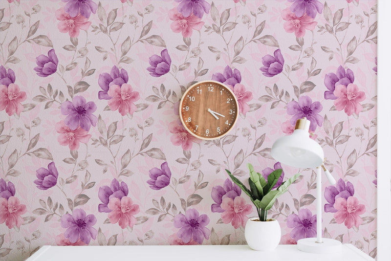 Watercolor aquarelle pink and purple floral pattern Peel and Stick Wallpaper Mural