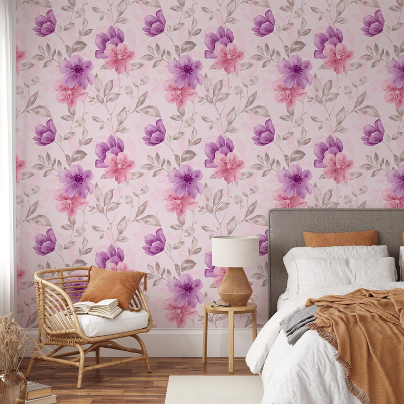 Watercolor aquarelle pink and purple floral pattern Peel and Stick Wallpaper Mural