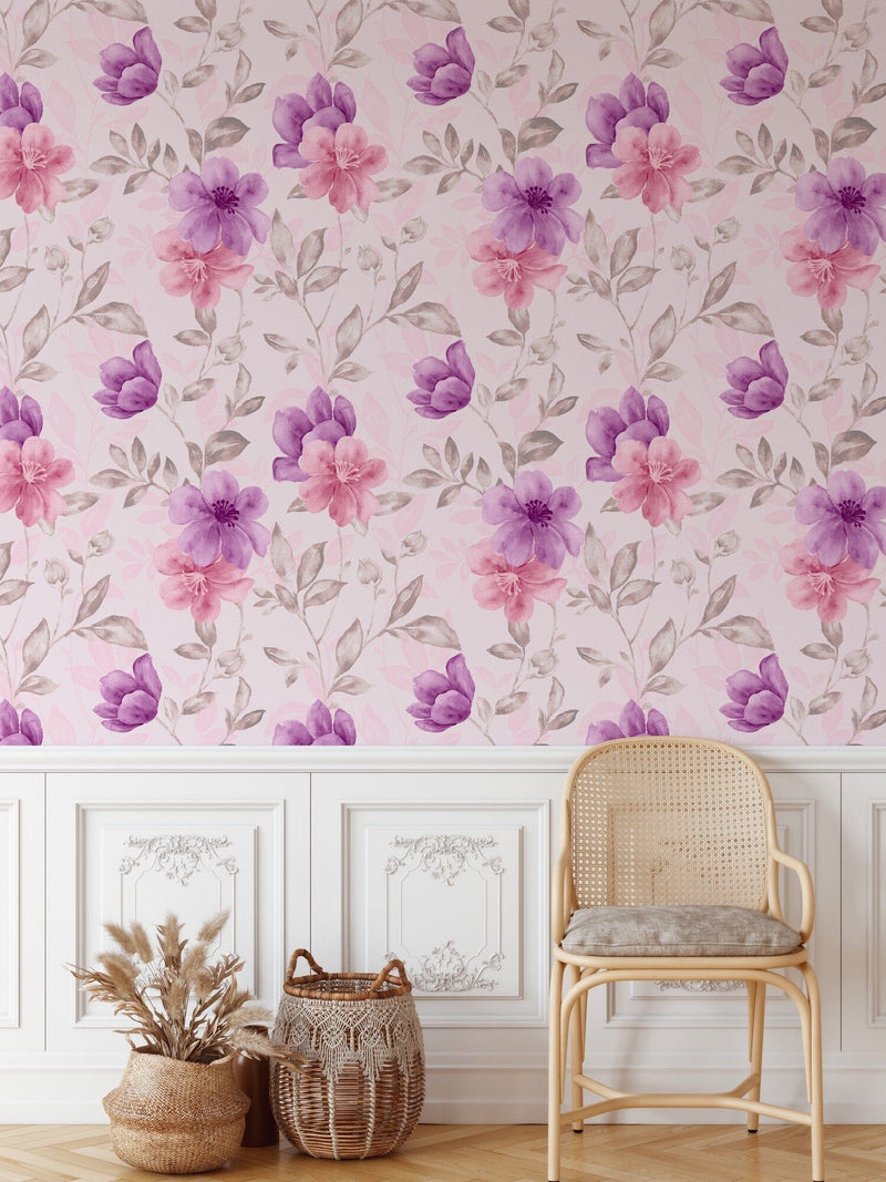 Watercolor aquarelle pink and purple floral pattern Peel and Stick Wallpaper Mural