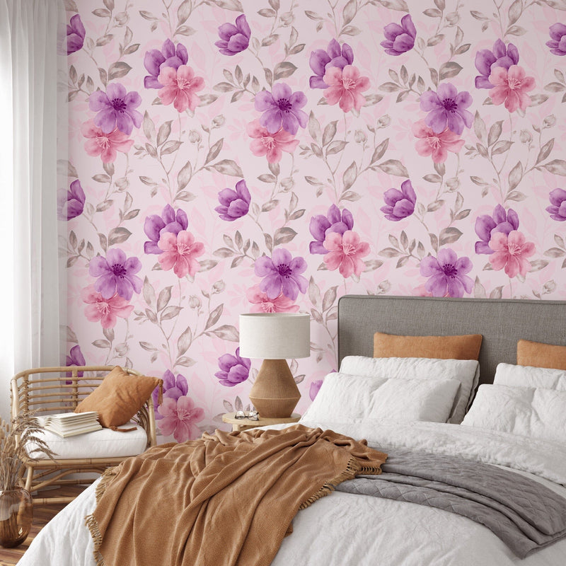 Watercolor aquarelle pink and purple floral pattern Peel and Stick Wallpaper Mural