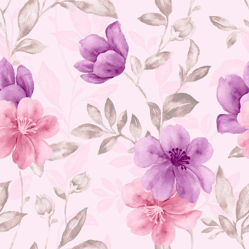 Watercolor aquarelle pink and purple floral pattern Peel and Stick Wallpaper Mural