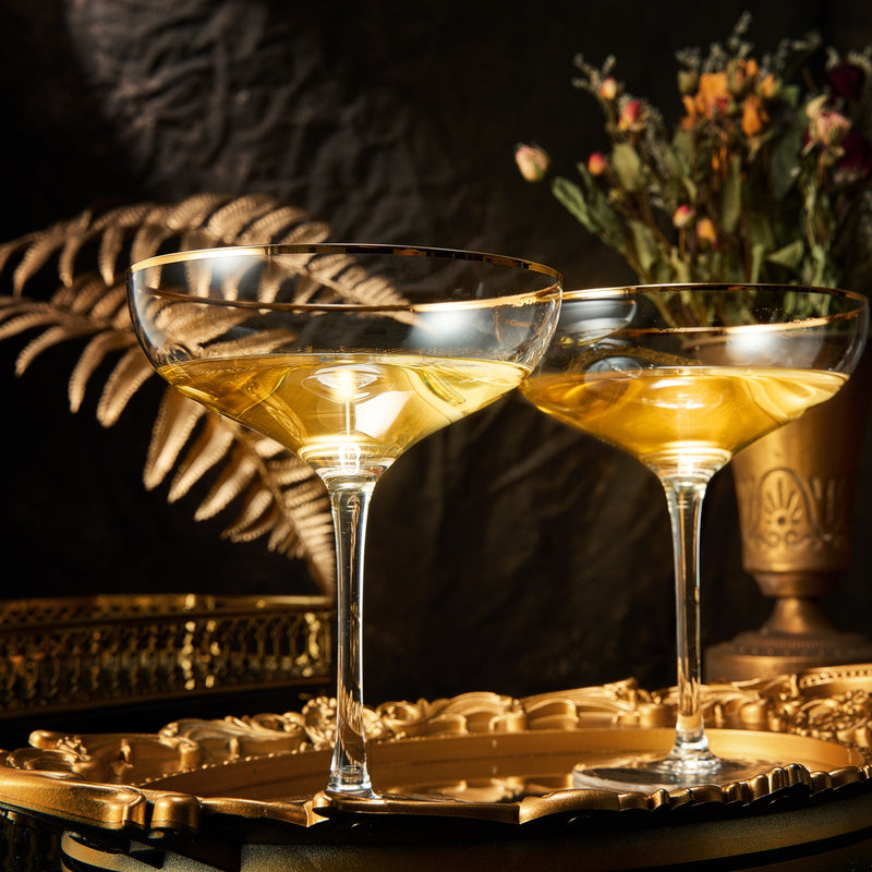The Wine Savant Colored Crystal Gilded Rim Coupe Glass, Large 9oz Cocktail & Champagne Glasses 2-Set Vibrant Color Short Gold Vintage Tumblers, No Stem Margarita, Glassware Gift Idea (Gold Rimmed)
