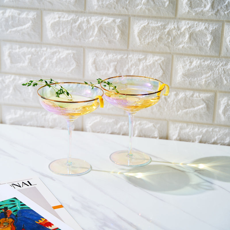 Iridescent Colored Gilded Rim Coupe Glass, 2-Set Large 9oz Rainbow Cocktail & Champagne, Luster Pearl Glasses Vibrant Color Gold Vintage Tumblers, No Stem Margarita, Glassware Gift - The Wine Savant