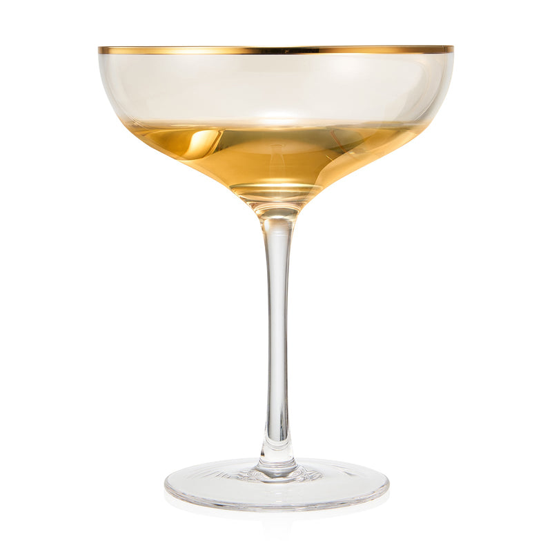The Wine Savant Colored Crystal Gilded Rim Coupe Glass, Large 9oz Cocktail & Champagne Glasses 2-Set Vibrant Color Short Gold Vintage Tumblers, No Stem Margarita, Glassware Gift Idea (Gold Rimmed)