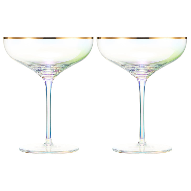 Iridescent Colored Gilded Rim Coupe Glass, 2-Set Large 9oz Rainbow Cocktail & Champagne, Luster Pearl Glasses Vibrant Color Gold Vintage Tumblers, No Stem Margarita, Glassware Gift - The Wine Savant