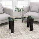 39.5 Inch Glass Coffee Table Modern Rectangular Center Table with Solid Rubber Wood Legs-Black by DirectDeals