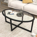 Glass Coffee Table Oval Living Room Table with Cross Base and Acacia Wood Legs-Black by LJGDeals