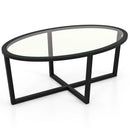 Glass Coffee Table Oval Living Room Table with Cross Base and Acacia Wood Legs-Black by LJGDeals