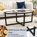 Glass Coffee Table Oval Living Room Table with Cross Base and Acacia Wood Legs-Black by LJGDeals