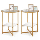 2-Tier Glass End Table Set of 2 with Faux Marble Storage Shelf-White by LJGDeals